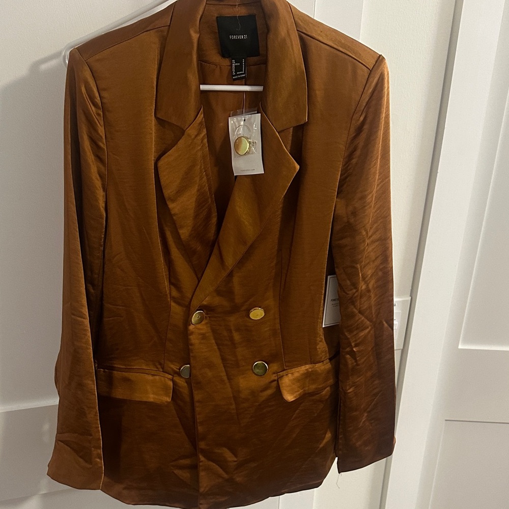 Forever 21 Women's Satin Blazer in Rich Brown Gold Orange Sayin Metallic